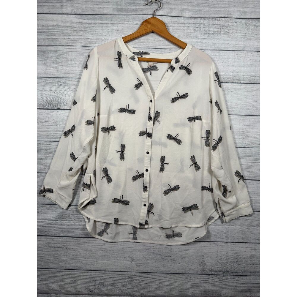 Dressbarn Women's 1X White Cream Dragonfly Print Button Front Blouse 1486